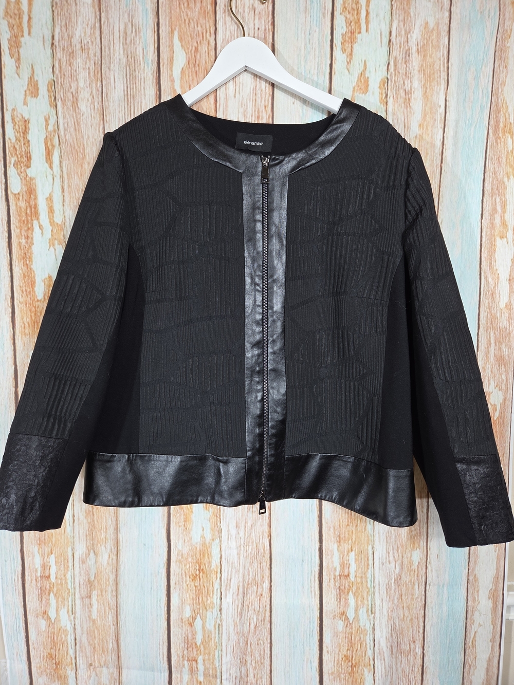 Elena Miro Black Textured Zip-Front Jacket with Faux-Leather Trim. Plus Size 16